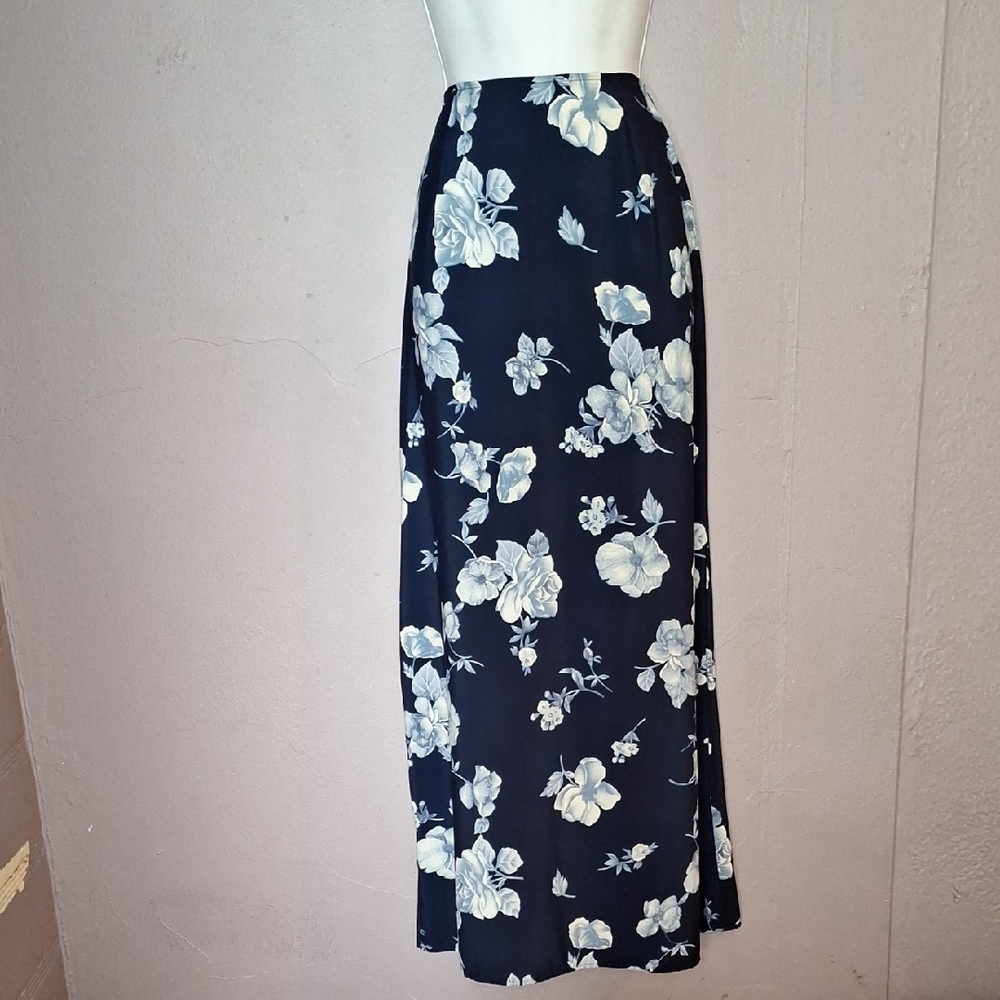 Blue and White Wrap Maxi Skirt with Slit